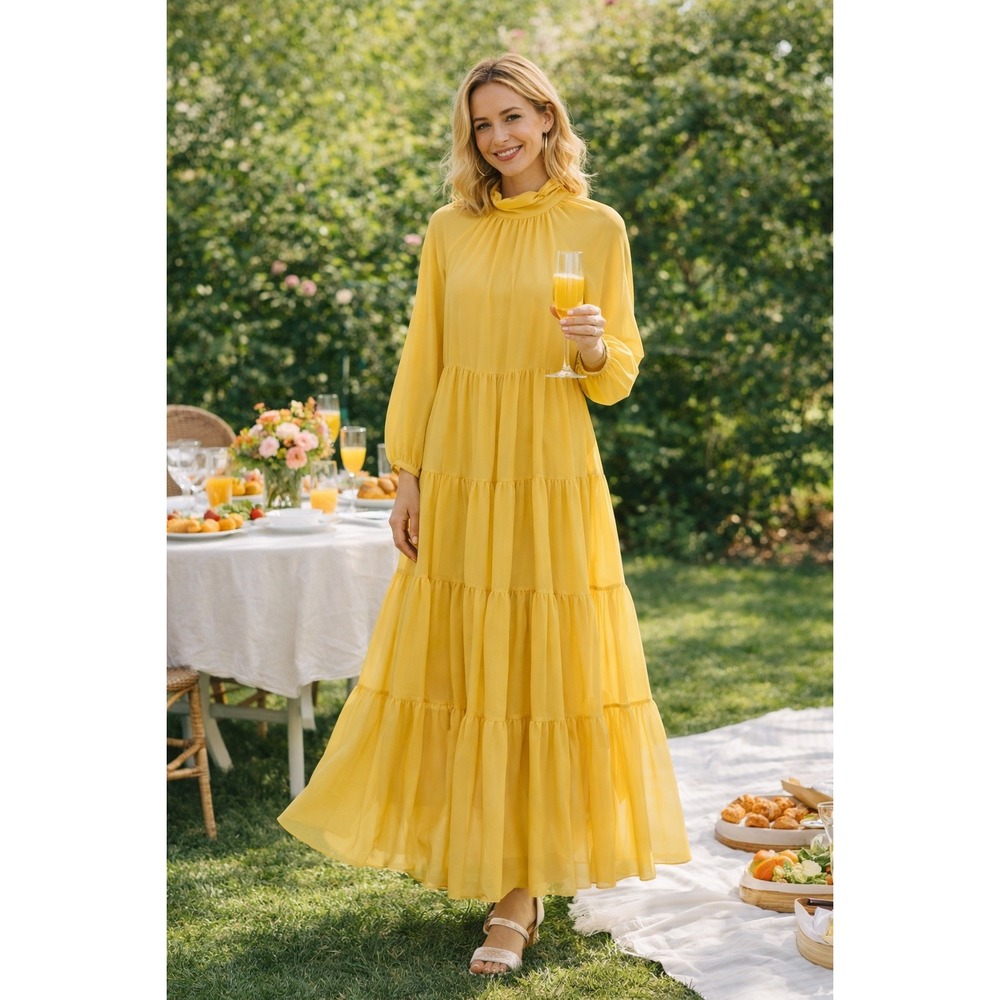 Soft Surroundings Sunshine Yellow Ruffle-Neck Tiered Maxi Dress